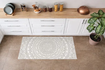 שטיח פי וי סי למטבח – מנדלה קלאסית בגווני אפור