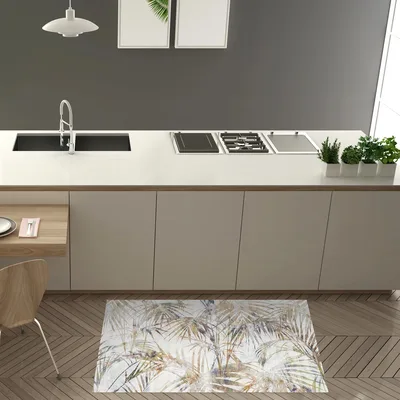 שטיח פי וי סי למטבח בעיצוב עלים טרופיים בגווני טבע