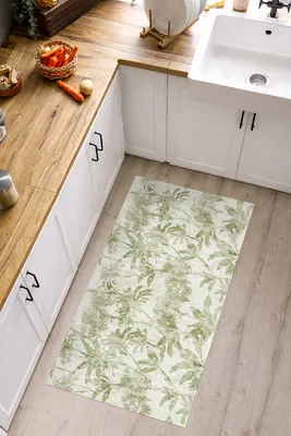 שטיח פי וי סי למטבח בעיצוב עלים טרופיים ירוקים טבעיים