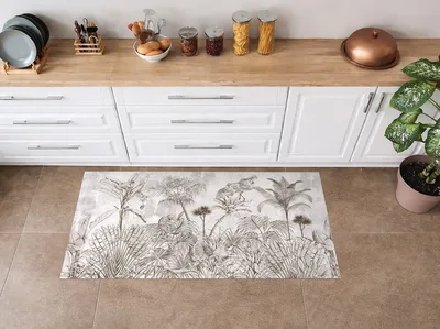 שטיח פי וי סי למטבח דוגמת צמחייה טרופית בסגנון אומנותי