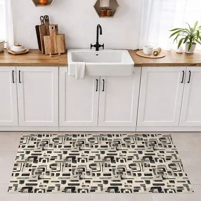 שטיח PVC בעיצוב גאומטרי שחור בז' מודרני