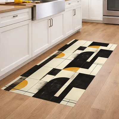 שטיח פי וי סי בעיצוב ארט דקו שחור צהוב ובז'