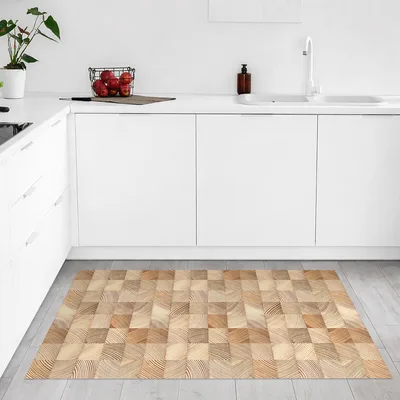 שטיח פי וי סי למטבח בעיצוב פרקט קוביות בהירות