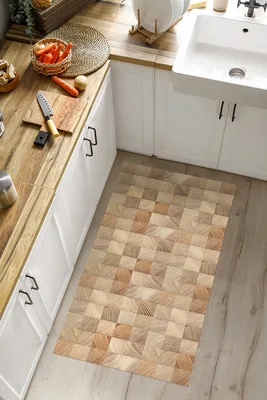 שטיח פי וי סי למטבח בעיצוב פרקט קוביות בהירות