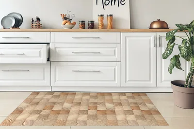 שטיח פי וי סי למטבח בעיצוב פרקט קוביות בהירות