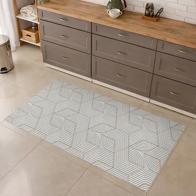 שטיח פי וי סי מעוצב למטבח דוגמת קווים גאומטריים מודרניים