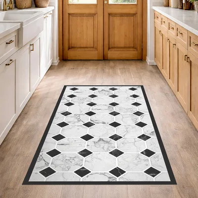 שטיח PVC מעוצב דוגמת שיש גאומטרי שחור לבן