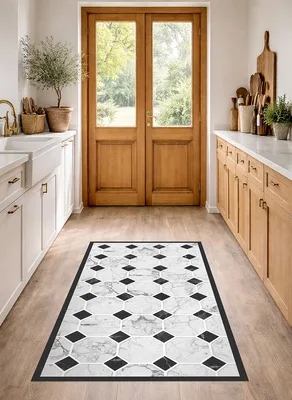 שטיח PVC מעוצב דוגמת שיש גאומטרי שחור לבן