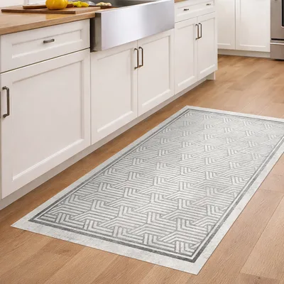 שטיח פי וי סי למטבח מראה גאומטרי קלאסי עם בורדר אפור