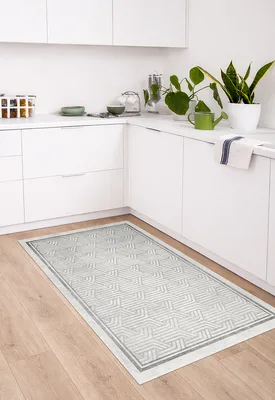 שטיח פי וי סי למטבח מראה גאומטרי קלאסי עם בורדר אפור