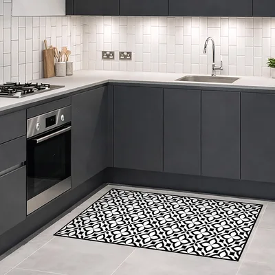 שטיח פי וי סי למטבח מראה אריחים דקורטיביים שחור לבן