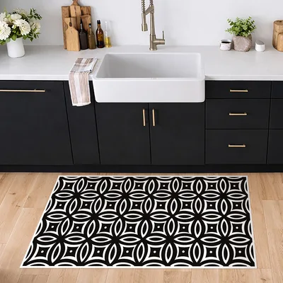שטיח PVC ארוך למטבח בעיצוב אריחים דקורטיביים שחור לבן