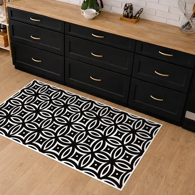 שטיח PVC ארוך למטבח בעיצוב אריחים דקורטיביים שחור לבן