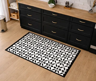 שטיח פי וי סי למטבח בעיצוב אריחים מודרני שחור לבן
