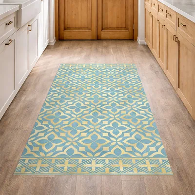 שטיח פי וי סי דוגמה מרוקאית צבעונית בגווני טורקיז וצהוב