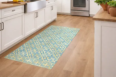 שטיח פי וי סי דוגמה מרוקאית צבעונית בגווני טורקיז וצהוב