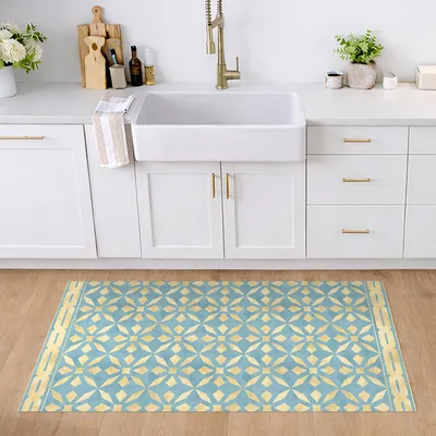 שטיח PVC למטבח דוגמה מרוקאית צבעונית עם מסגרת טורקיז וצהוב