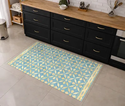שטיח PVC למטבח דוגמה מרוקאית צבעונית עם מסגרת טורקיז וצהוב