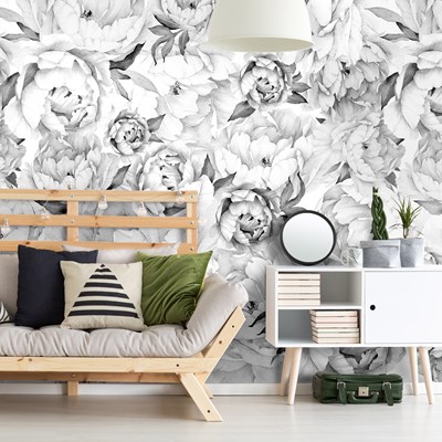 טפט לקיר פרחי אדמוניות Peony שחור לבן