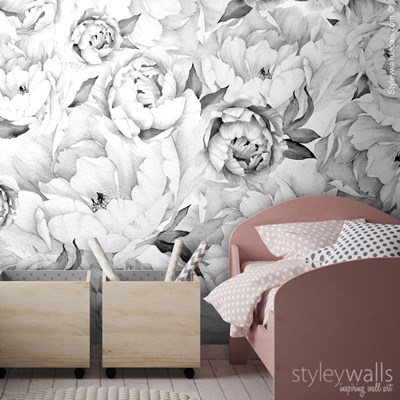 טפט פרחי אדמוניות שחור לבן Peony