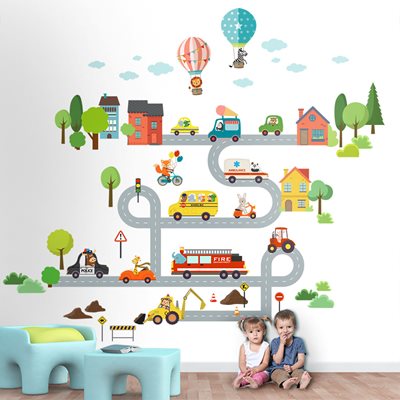 מדבקת קיר לילדים כפר חיות כביש מכוניות תחבורה בתים