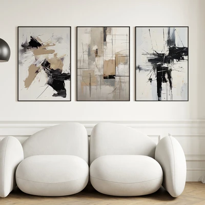 סט של תמונות קיר- עיצוב מודרני עם צורות וקווים דינמיים