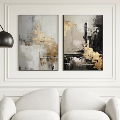 סט תמונות אבסטרקט יוקרתי - Black & Gold Harmony