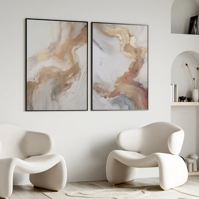 סט תמונות אמנותיות אבסטרקט זהב ולבן - Marble Waves