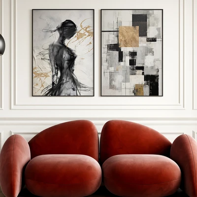 סט תמונות לקיר שחור לבן עם נגיעות זהב – אישה ואבסטרקט