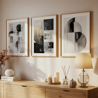 סט תמונות אומנותיות אמנות אבסטרקטית עגולים וקווים – עיצוב לבית