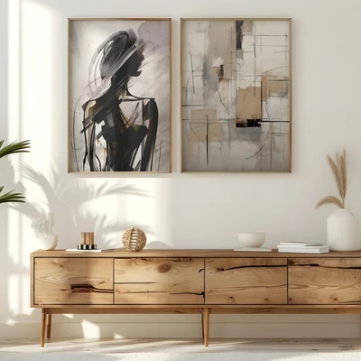 סט של 2 תמונות לקיר- אמנות פיגורטיבית ואבסטרקט מינימליסטי