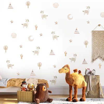 מדבקות קיר לאמות בוהו שיק – טיפי וקקטוסים לחדר ילדים