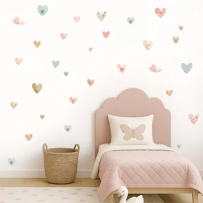 מדבקות קיר לבבות פסטל בוהו – עיצוב עדין לחדר ילדים