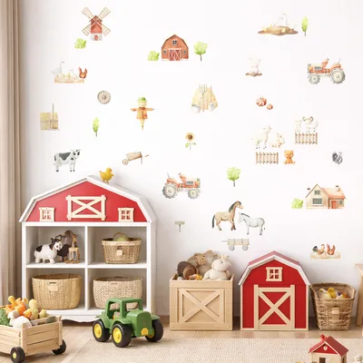 מדבקות קיר חווה לילדים – סוסים, פרות, תרנגולים וטרקטורים