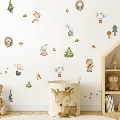 מדבקות קיר חיות יער בצבעי מים – ארנבים ושועלים בסגנון בוהו