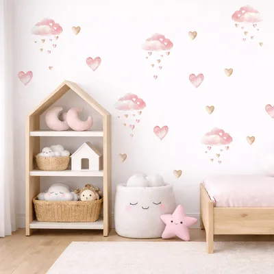 סט מדבקות קיר עננים ורודים ולבבות | עיצוב קיר חדר ילד/ה
