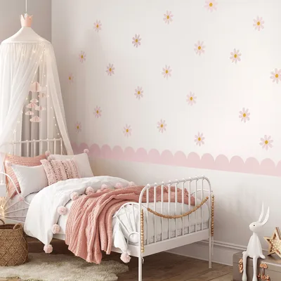 סט בורדר ורוד ומדבקות פרחים – לעיצוב קיר לחדר ילדות