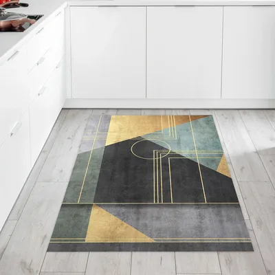 שטיח פי וי סי למטבח בעיצוב מודרני שחור זהב וירוק