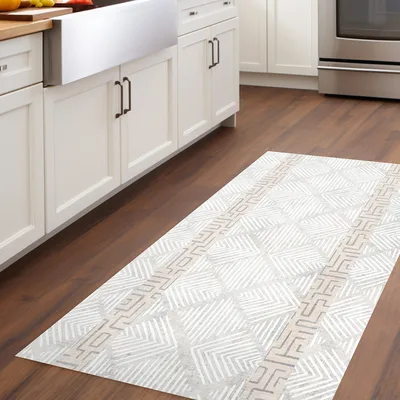 שטיח PVC למטבח בעיצוב נורדי בהיר עם מסגרת דקורטיבית