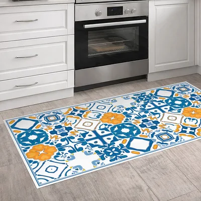 שטיח PVC למטבח בעיצוב אריחים כחול לבן בסגנון ים תיכוני