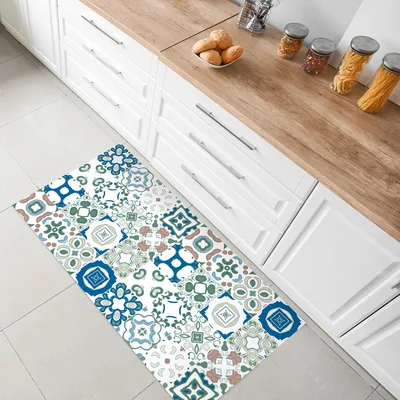 שטיח PVC למטבח דוגמת פסיפס מרוקאי בגווני כחול־טורקיז