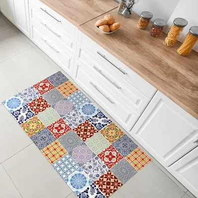 שטיח פי וי סי למטבח בעיצוב אריחים מרוקאיים בסגנון וינטג'