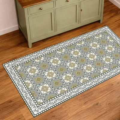 שטיח PVC למטבח דוגמת קרמיקה וינטג’ ירוק