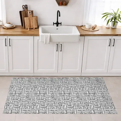 שטיח PVC בעיצוב גאומטרי קווי שחור לבן