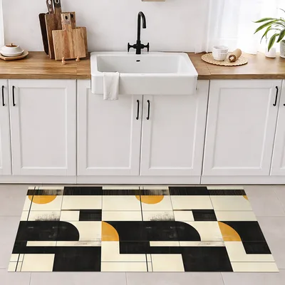 שטיח פי וי סי בעיצוב ארט דקו שחור צהוב ובז'