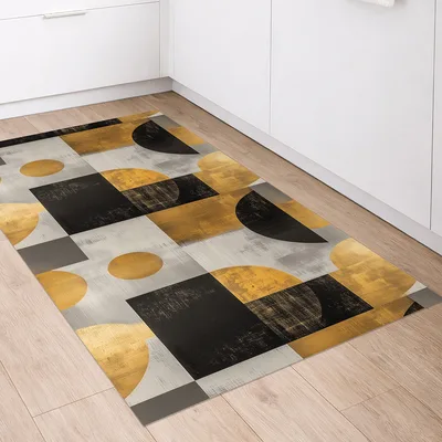 שטיח פי וי סי דגם גיאומטרי מודרני שחור וזהב