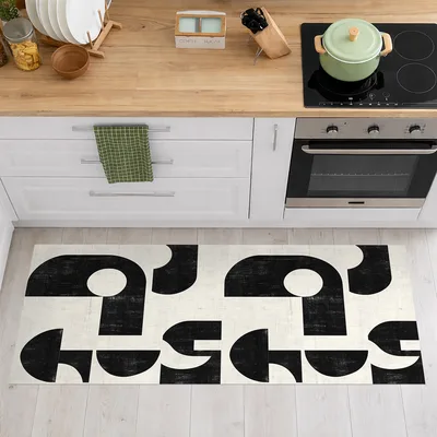 שטיח פי וי סי למטבח שחור לבן בעיצוב מודרני